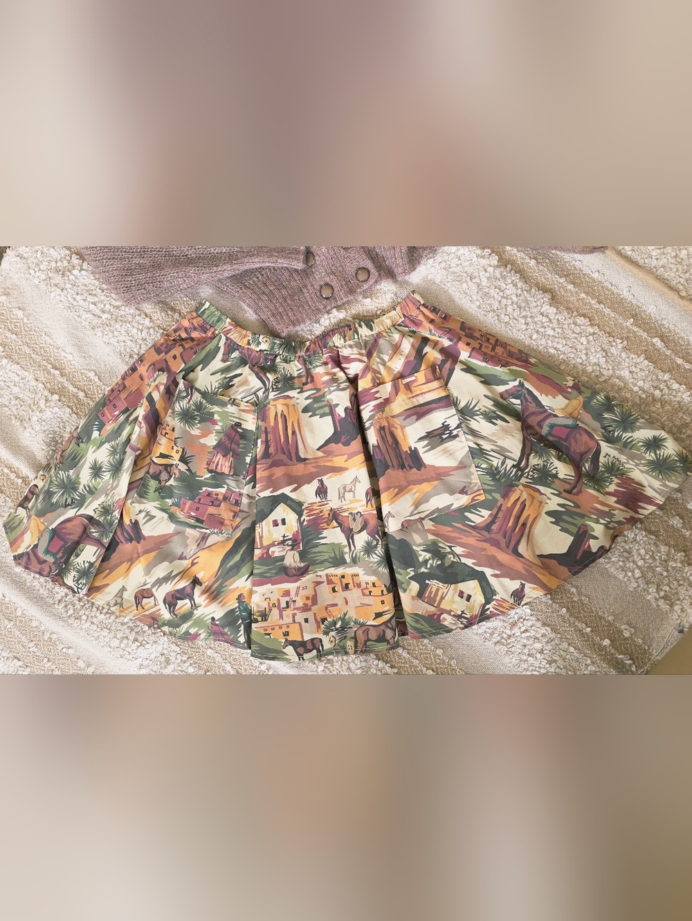 Double D Ranch South western Boho Mini Skirt  Green, Brown, Tan, Yellow Medium